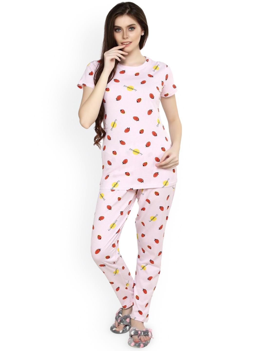 

evolove Women Short Sleeves Pure Cotton Printed Night suit, Pink
