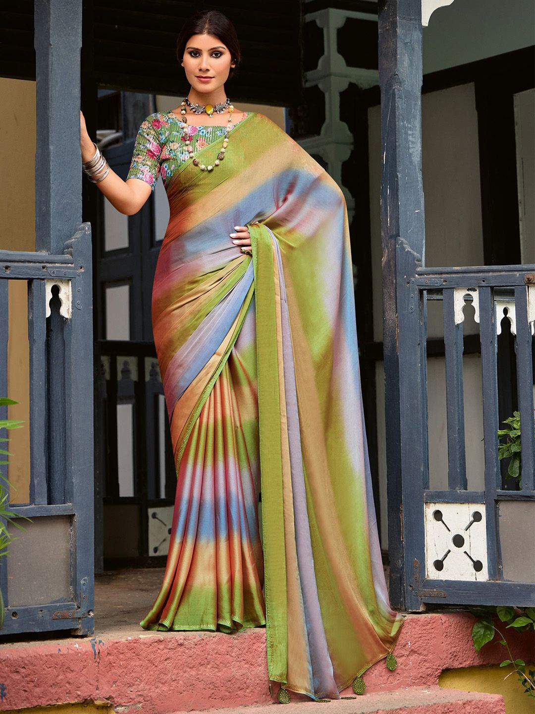 

Saree mall Ombre Sequinned Saree with Blouse Piece, Green