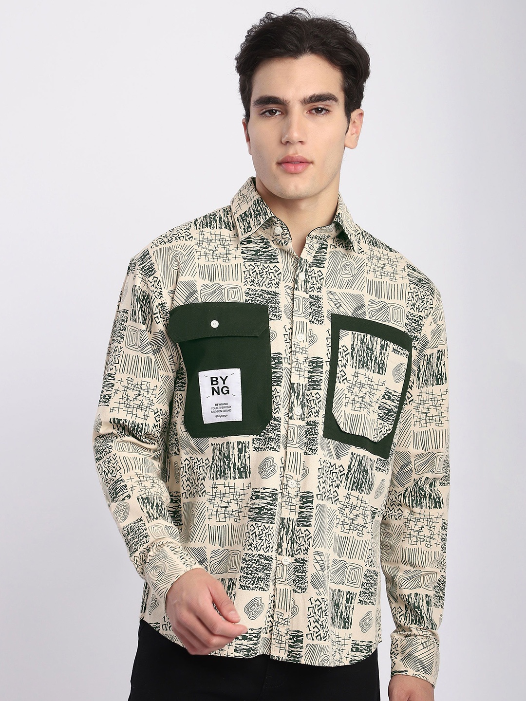 

Beyoung Men Abstract Printed Shacket, Beige