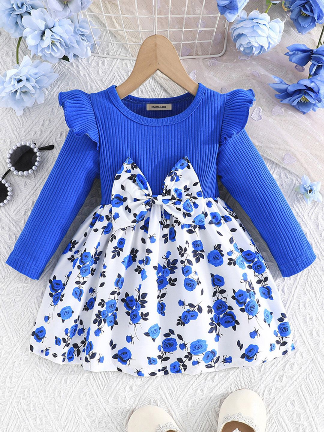 

INCLUD Girls Floral Printed Fit & Flare Dress, Blue