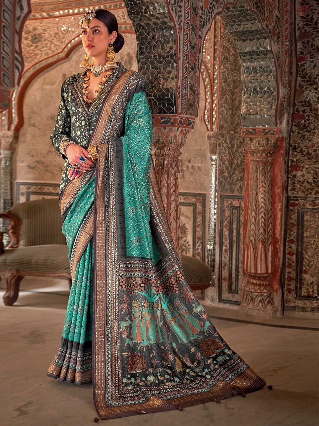 

MySilkLove Embellished Floral Printed Beads and Stones Traditional Patola Saree, Blue