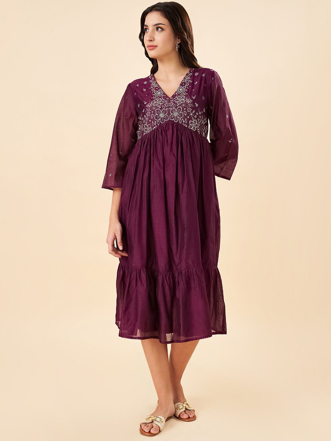 

AKKRITI BY PANTALOONS Women Floral Embroidered A-Line Midi Dress, Magenta