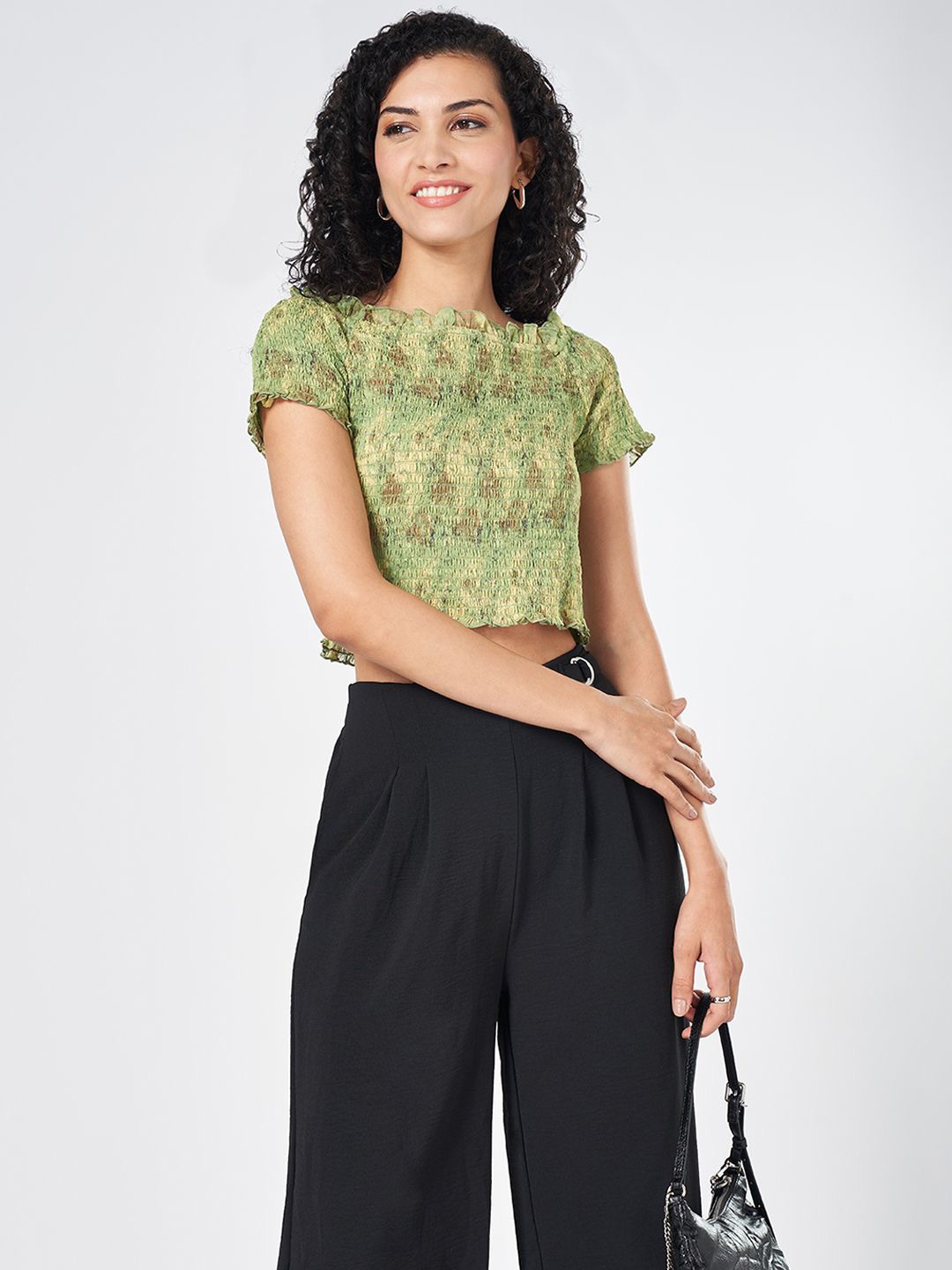 

People Women Floral Print Short Sleeves Crop Top, Olive