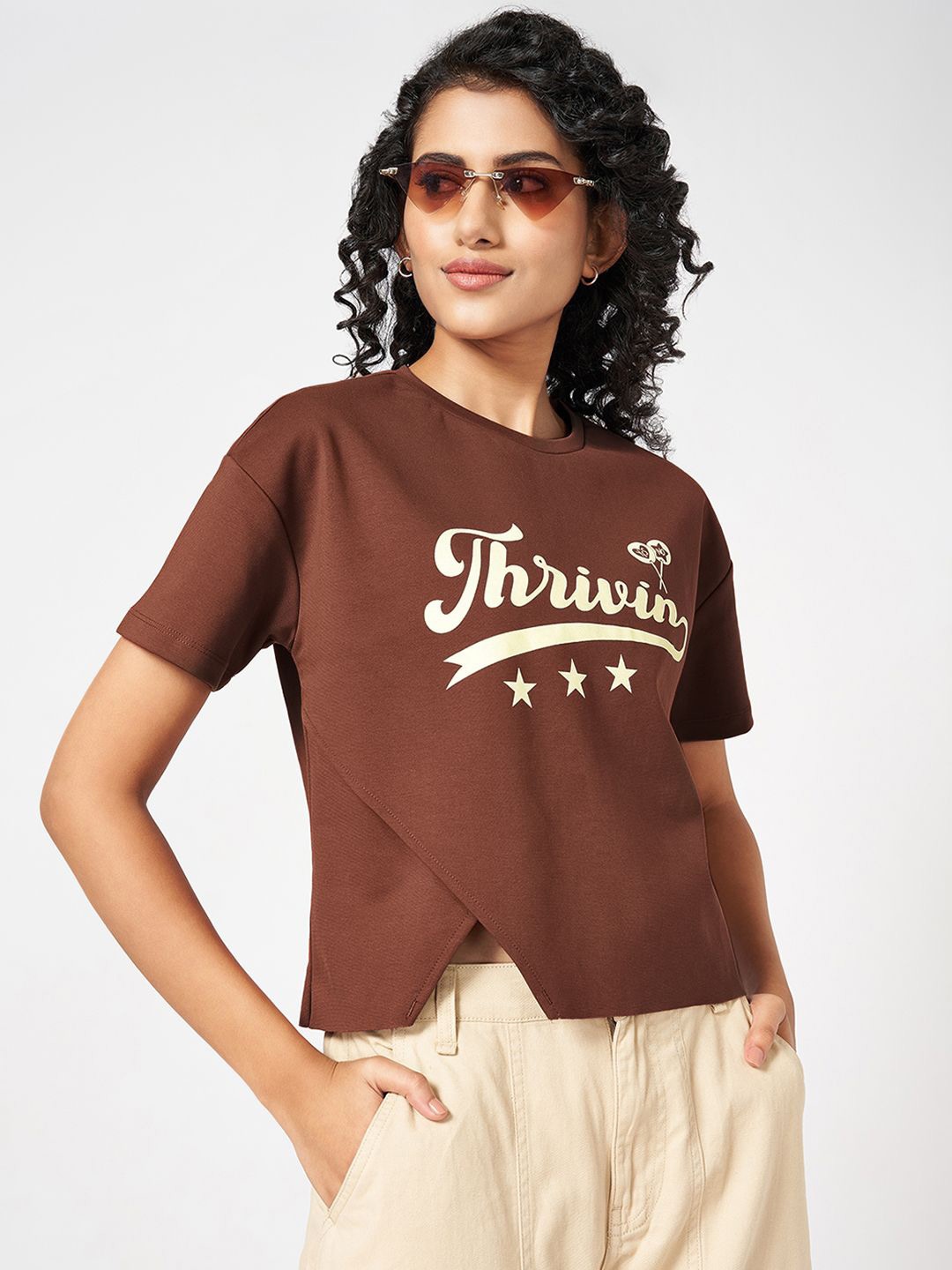 

People Women Typography Printed Top, Brown