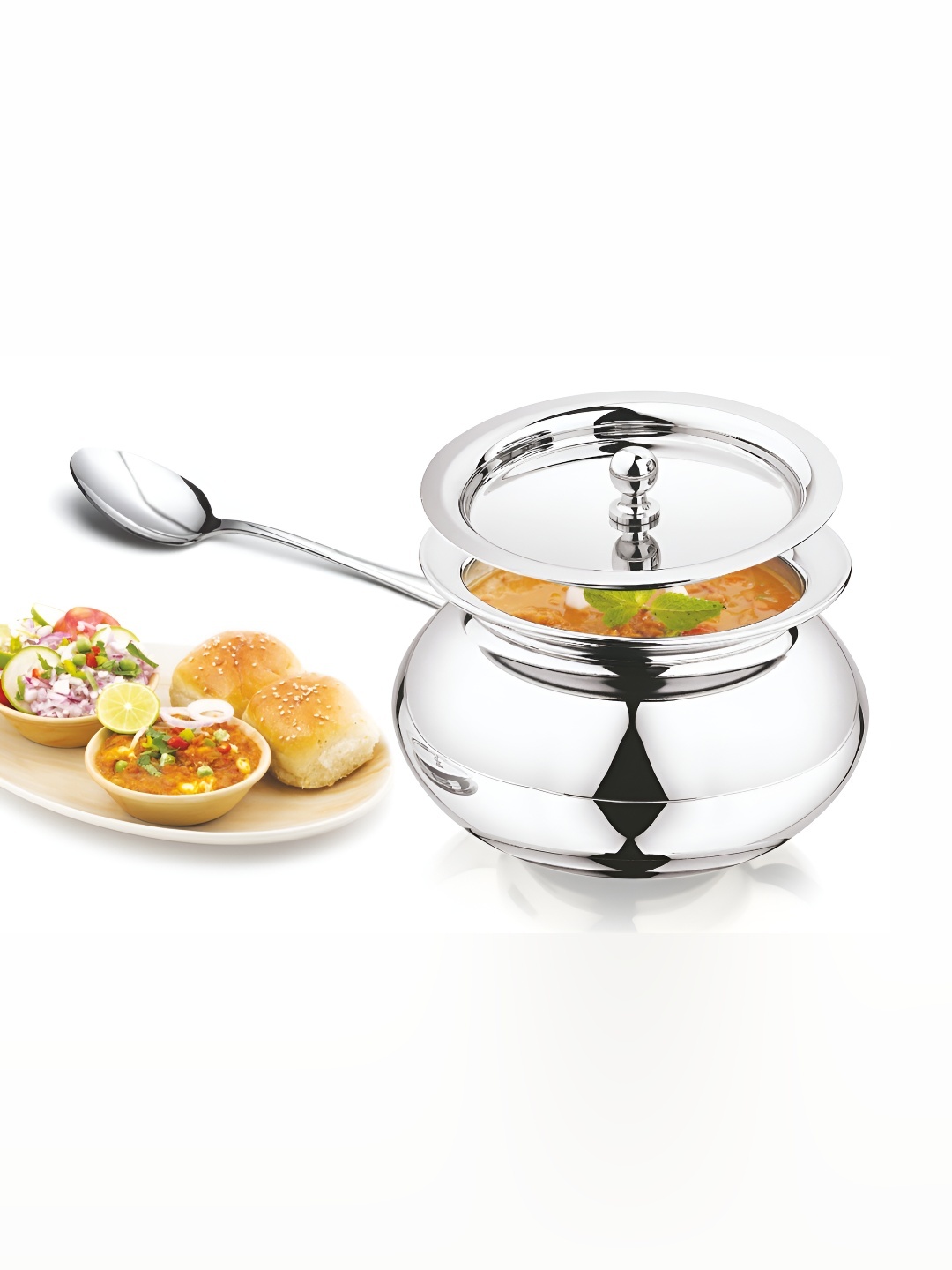 

MUKTI Zaika Silver Toned Dishwasher Safe Stainless Steel Cooking Handi 450ml With Lid