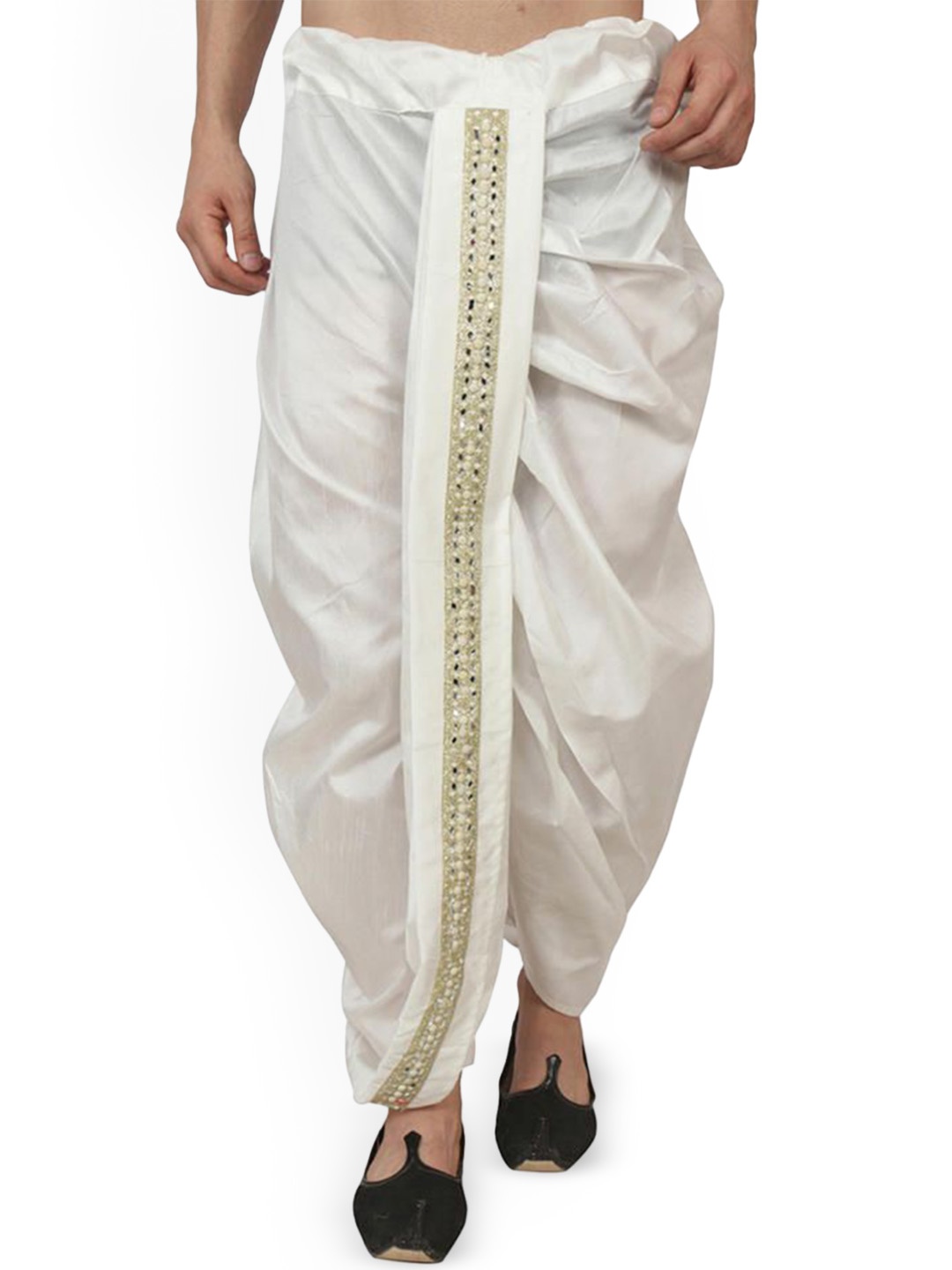 

FANZI Men Silk Dhoti Pant with Lace Work, White