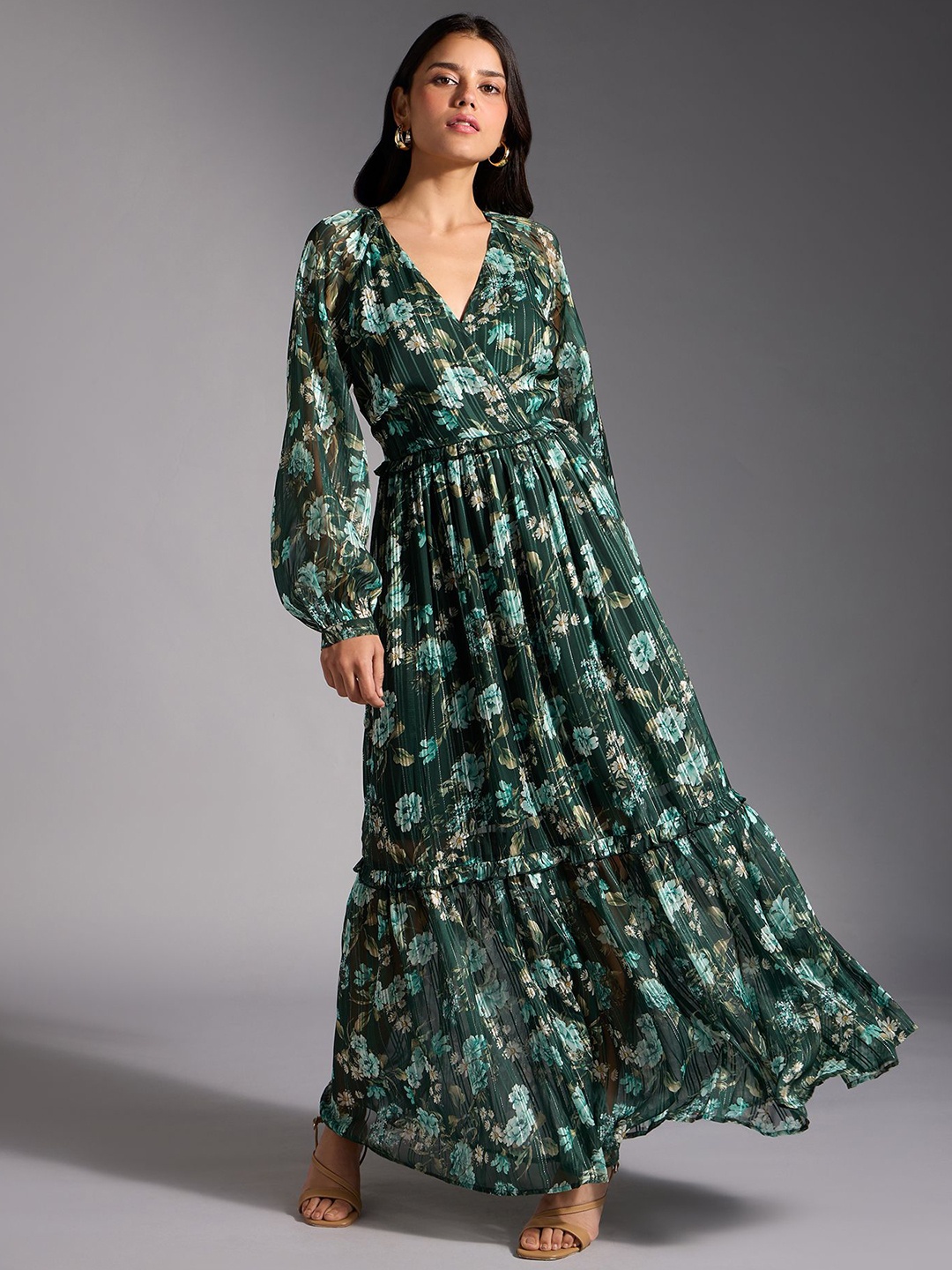 

20Dresses Women Floral Printed Puff Sleeves Maxi Dress, Green