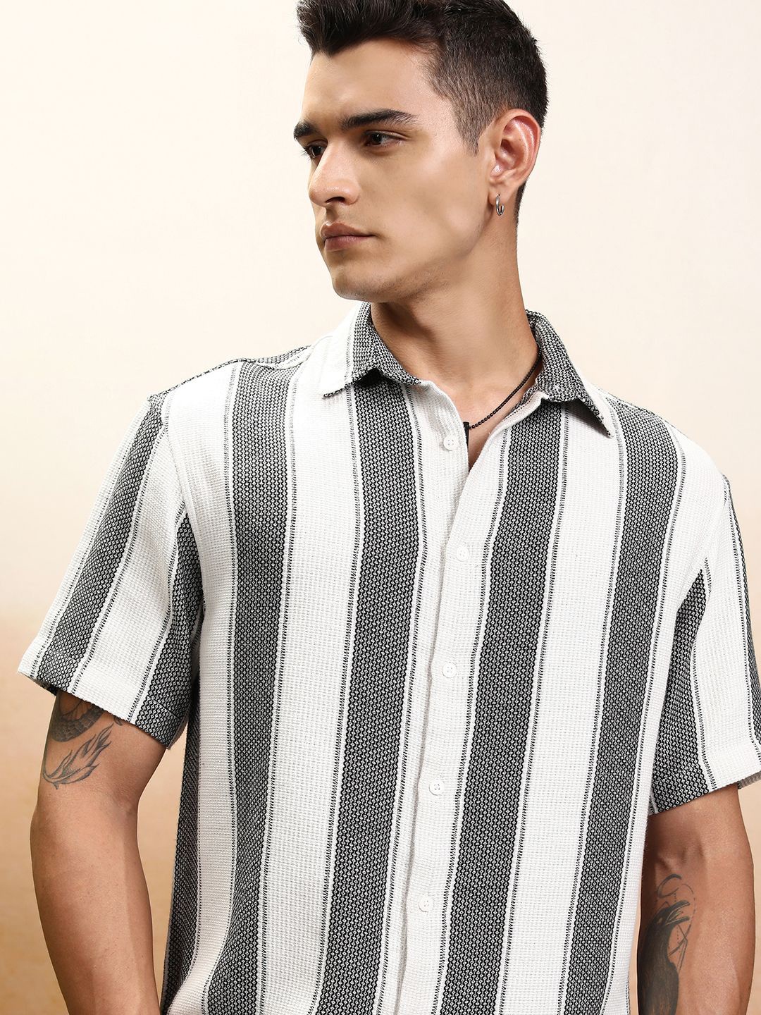 

Highlander Men Pique Dobby Textured Striped Oversized Shirt, White