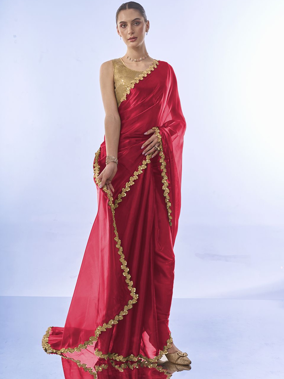 

Mitera Embroidered Organza Saree, Red