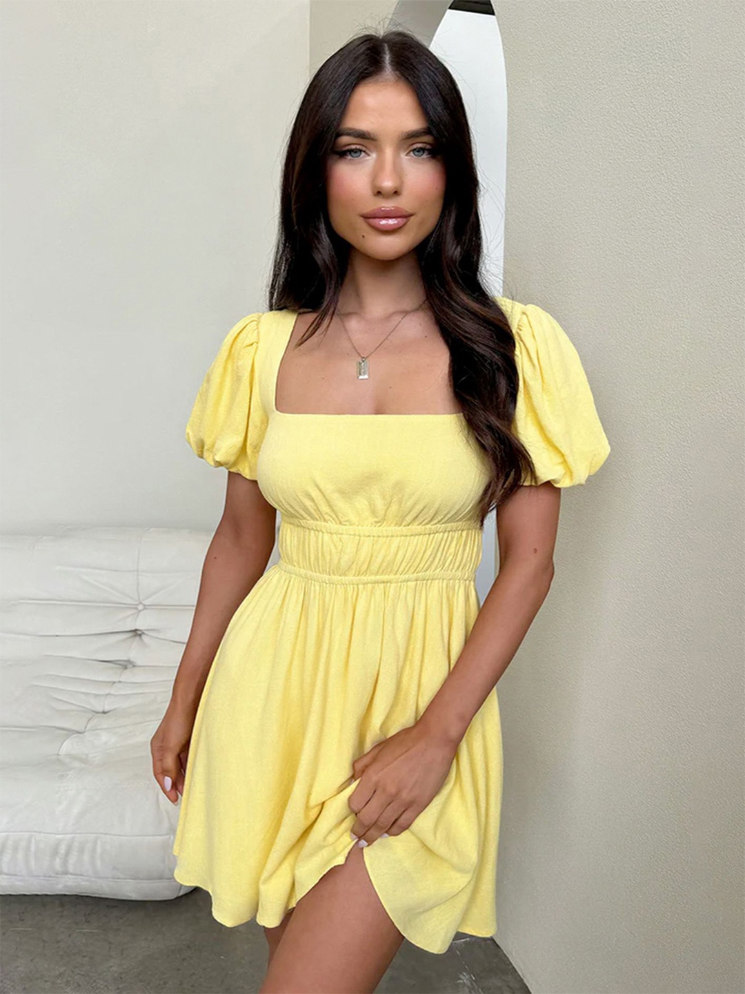 

LULU & SKY Women Puff Sleeve Fit & Flare Dress, Yellow