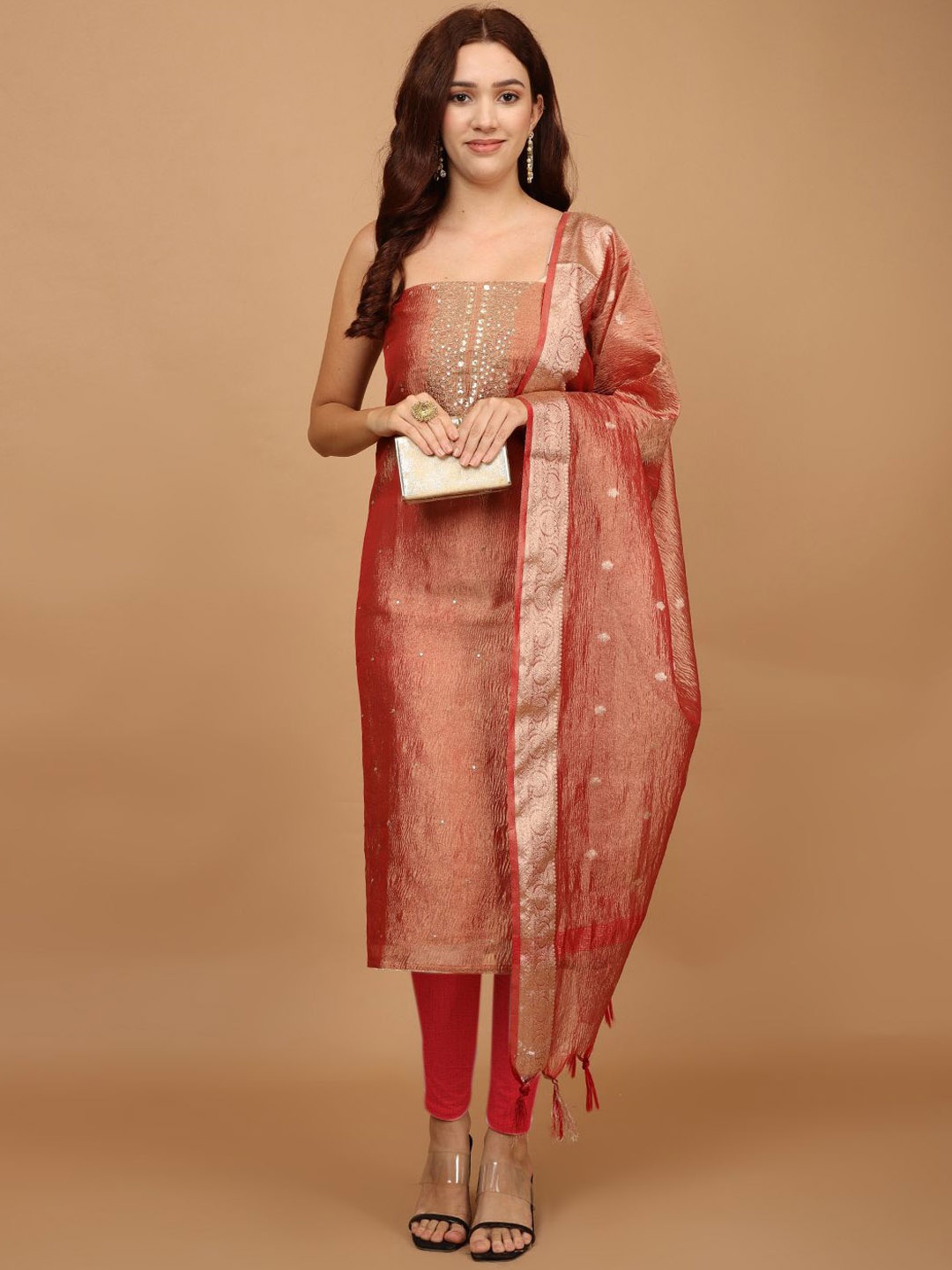 

Meena Bazaar Floral Embroidered Tissue Unstitched Dress Material, Rust