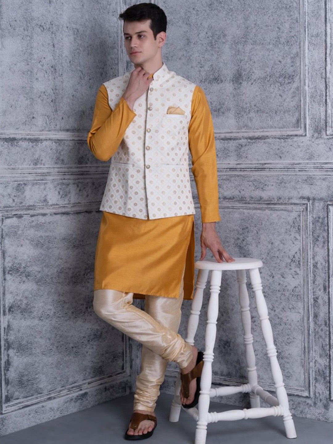 

Ethluxis Mandarin Collar Jacquard Weave Kurta with Churidar & Embroidered Nehru Jacket, Mustard