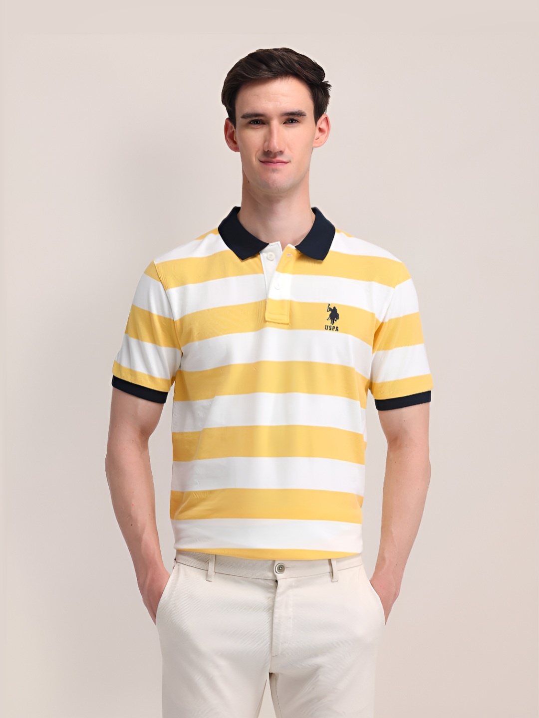 

U.S. Polo Assn. Men Striped Polo Collar Cotton Slim Fit T-shirt, Yellow