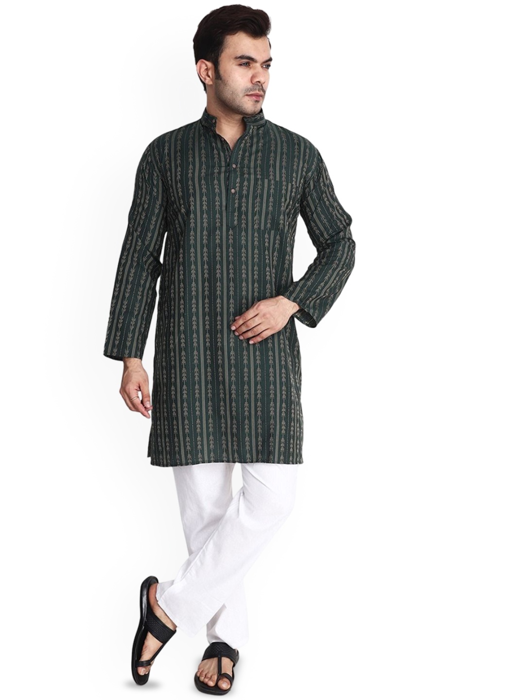 

Aaryavar Striped Mandarin Collar Thread Work Cotton Straight Kurta, Green