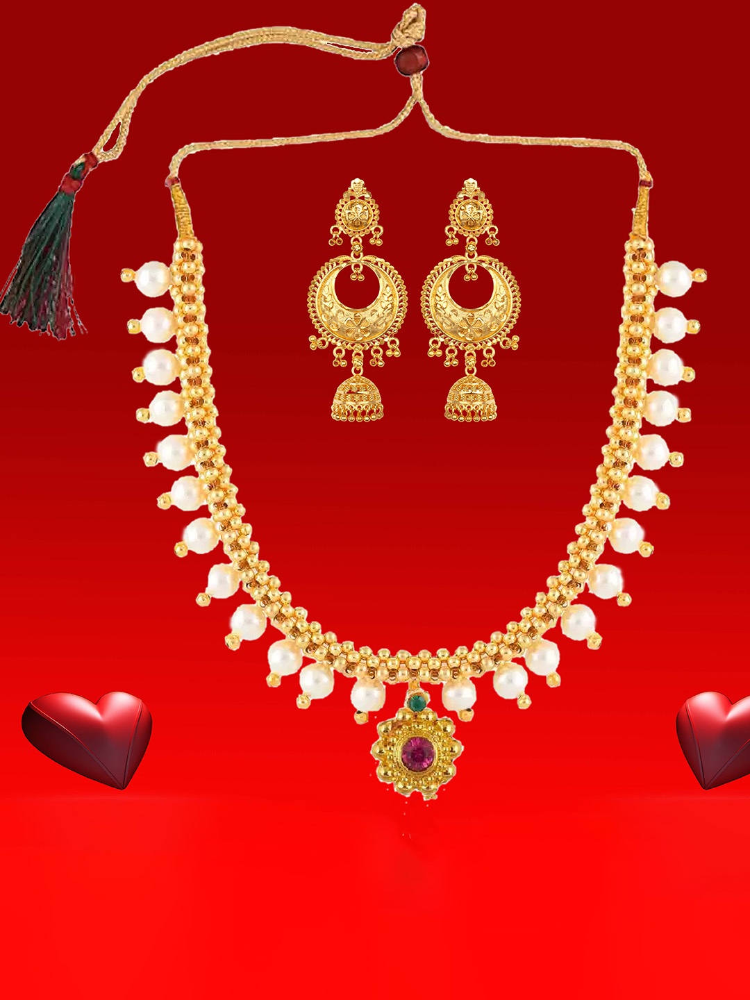 

Heer Collection Gold-Plated Stones-Studded & Pearl-Beaded Jewellery Set