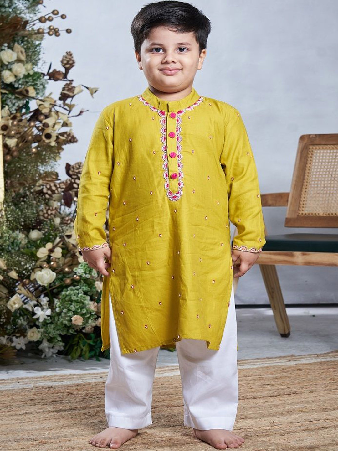 

Vivedkids Boys Embroidered Mirror Work Pure Cotton Kurta with Trousers, Yellow