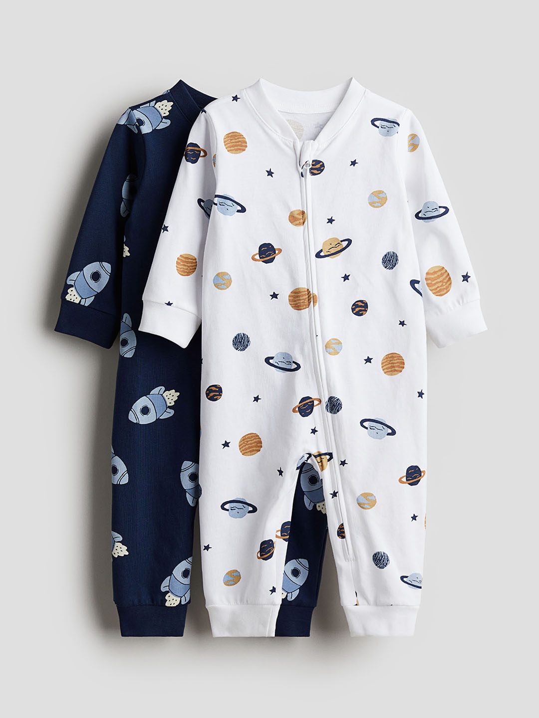 

H&M Boys Pack Of 2 Printed Cotton Rompers, Navy blue
