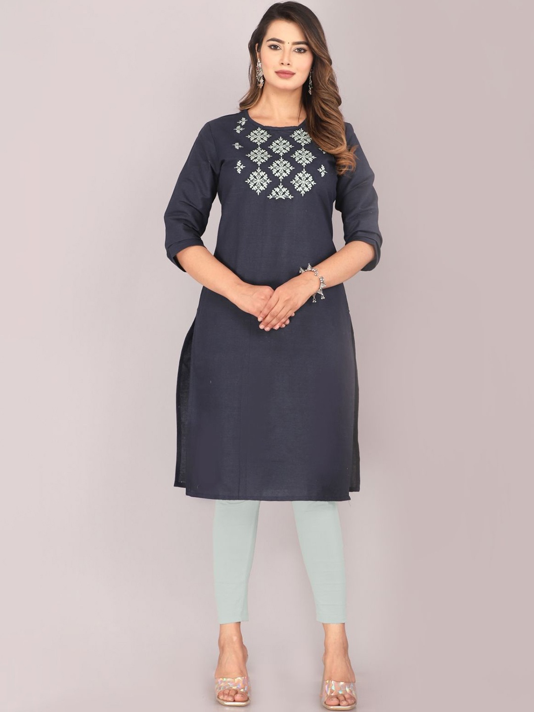 

Mehsoos Ethnic Motifs Yoke Design Thread Work Cotton Straight Kurta, Navy blue