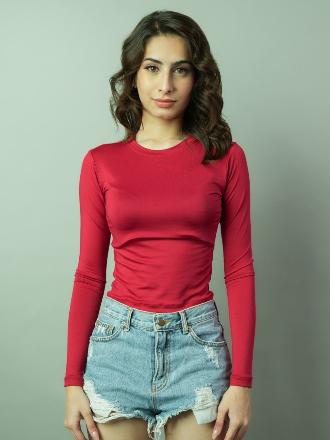 

DLOB Women Full Sleeves Solid Bodycon Top, Red