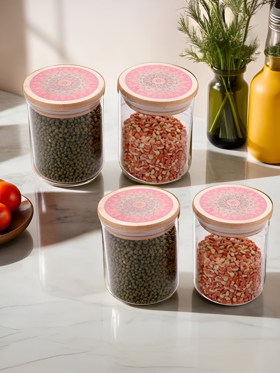 

UMAI Transparent & Pink 4 Pieces Glass Canister Container 1L With Bamboo Lids