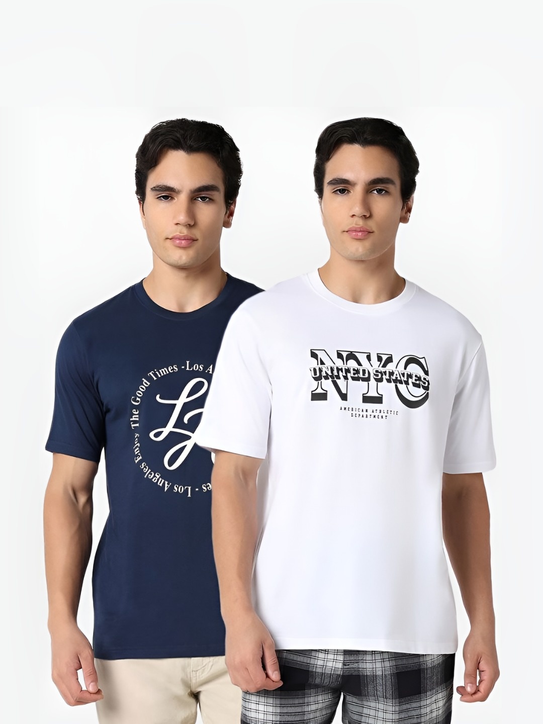 

R&B Men Pack Of 2 Typography Printed Round Neck Cotton T-shirts, Navy blue