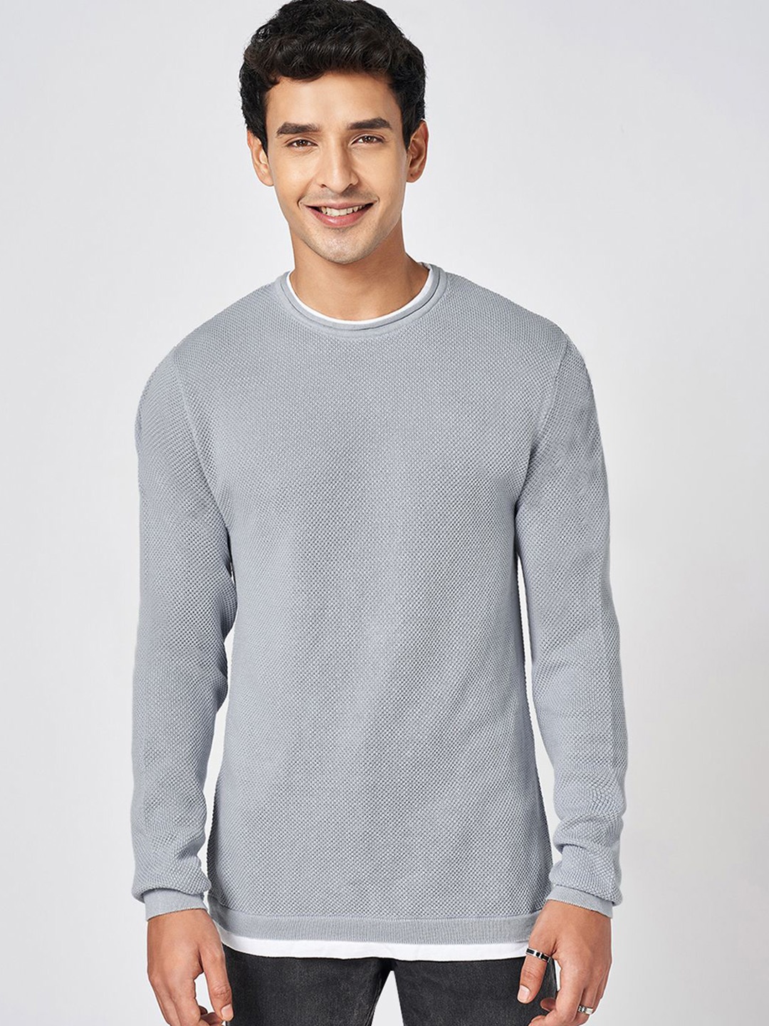 

People Men Cotton Solid Round Neck Long Sleeves Pullover, Steel