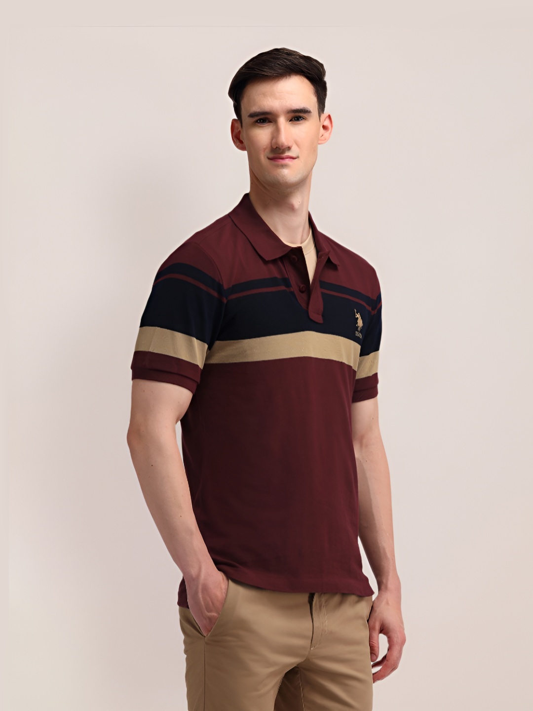 

U.S. Polo Assn. Men Striped Polo Collar Cotton Slim Fit T-shirt, Maroon