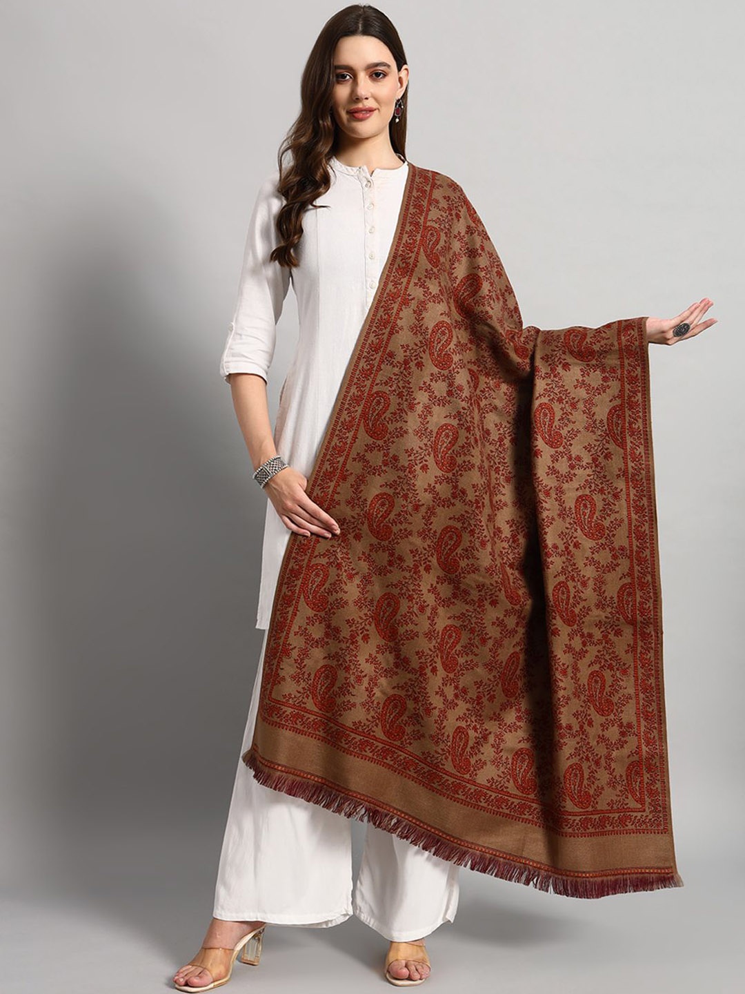 

HANDICRAFT PALACE Paisley Woven Design Shawl, Beige