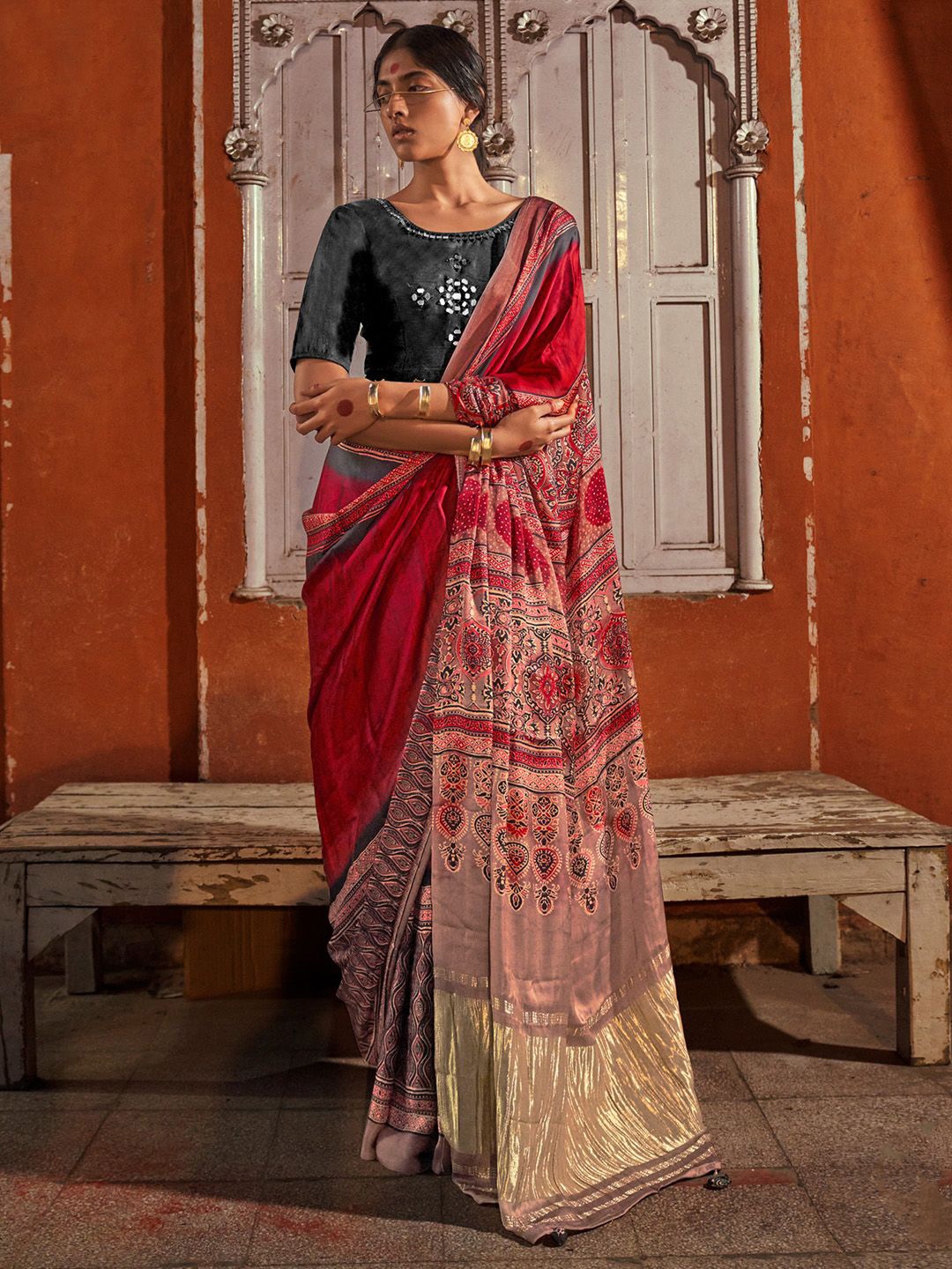 

Saree mall Ajrak Block Zari Silk Blend Block Print Sarees, Maroon