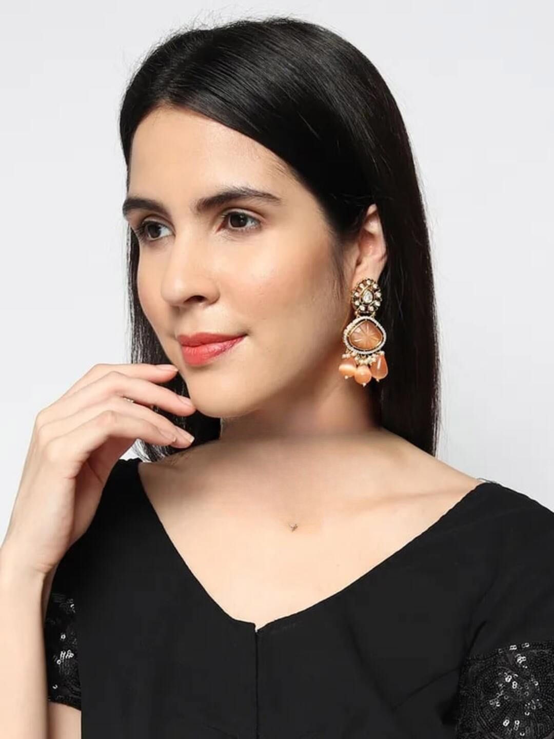

Runjhun Gold Plated Kundan Studded & Beaded Contemporary Drop Earrings