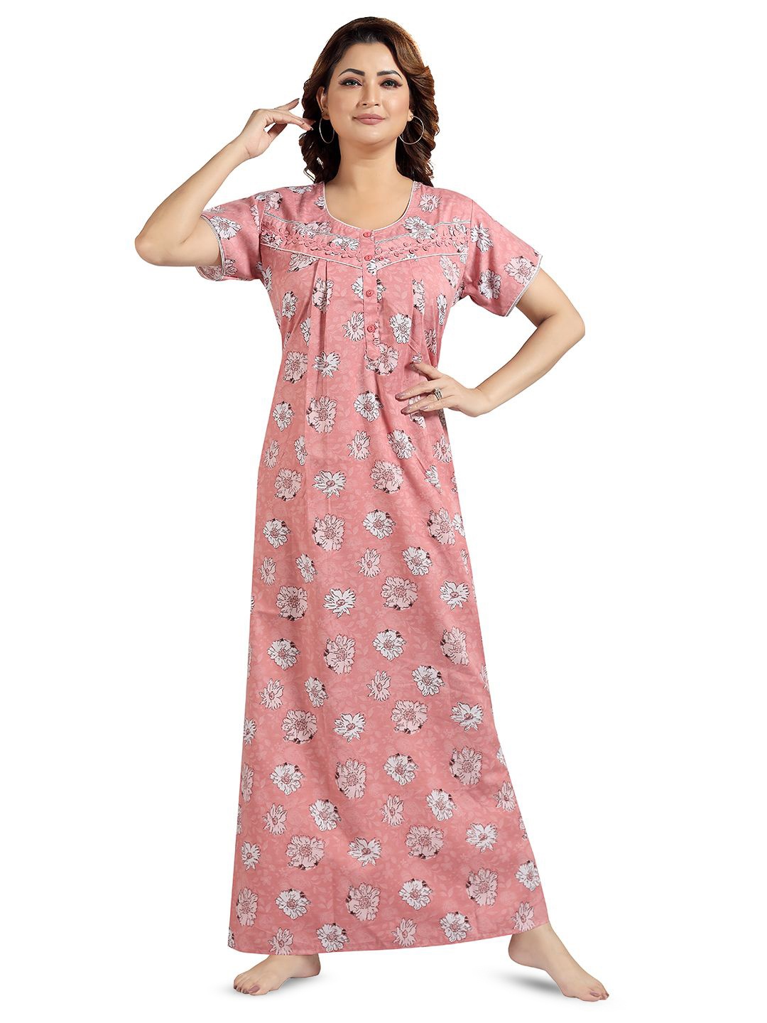 

NIGHT QUEEN Women Printed Maxi Nightdress, Peach