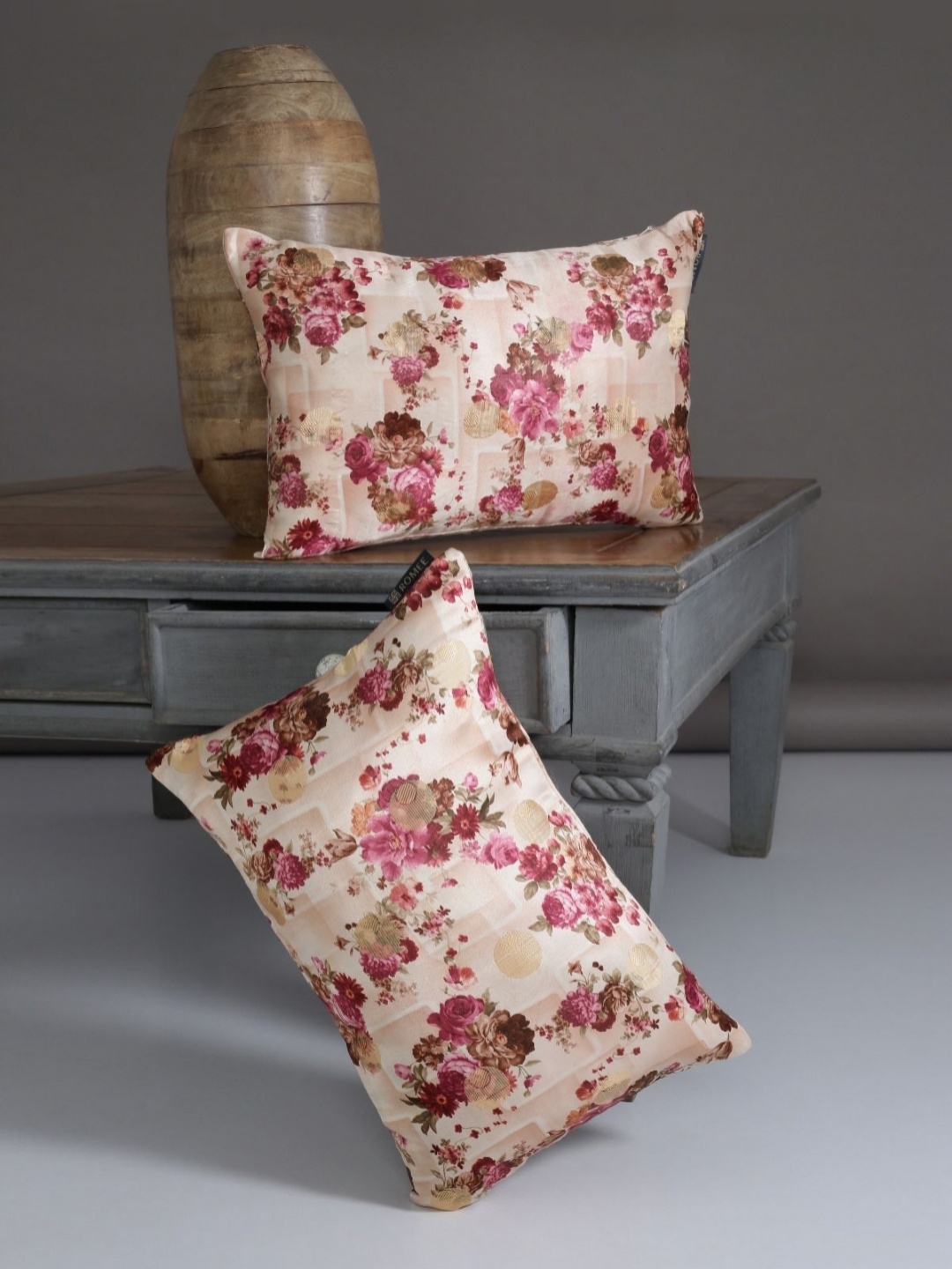 

Myntra Elegant Homes Beige & Pink Set of 2 Floral Rectangle Cushion Covers