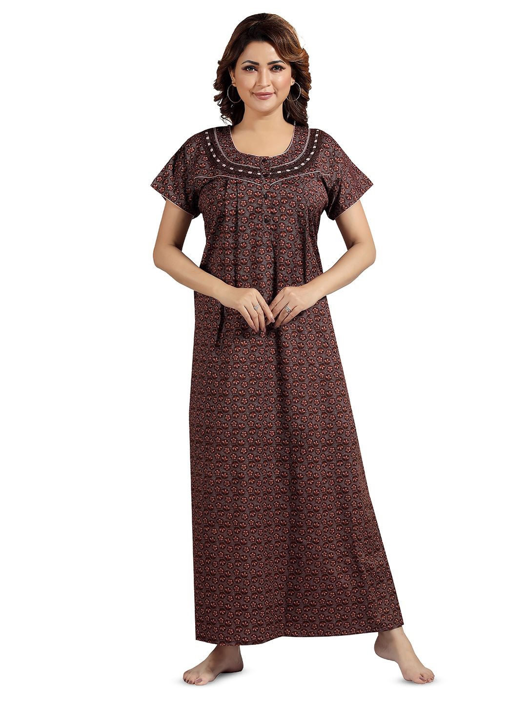 

NIGHT QUEEN Women Floral Printed Maxi Nightdress, Brown