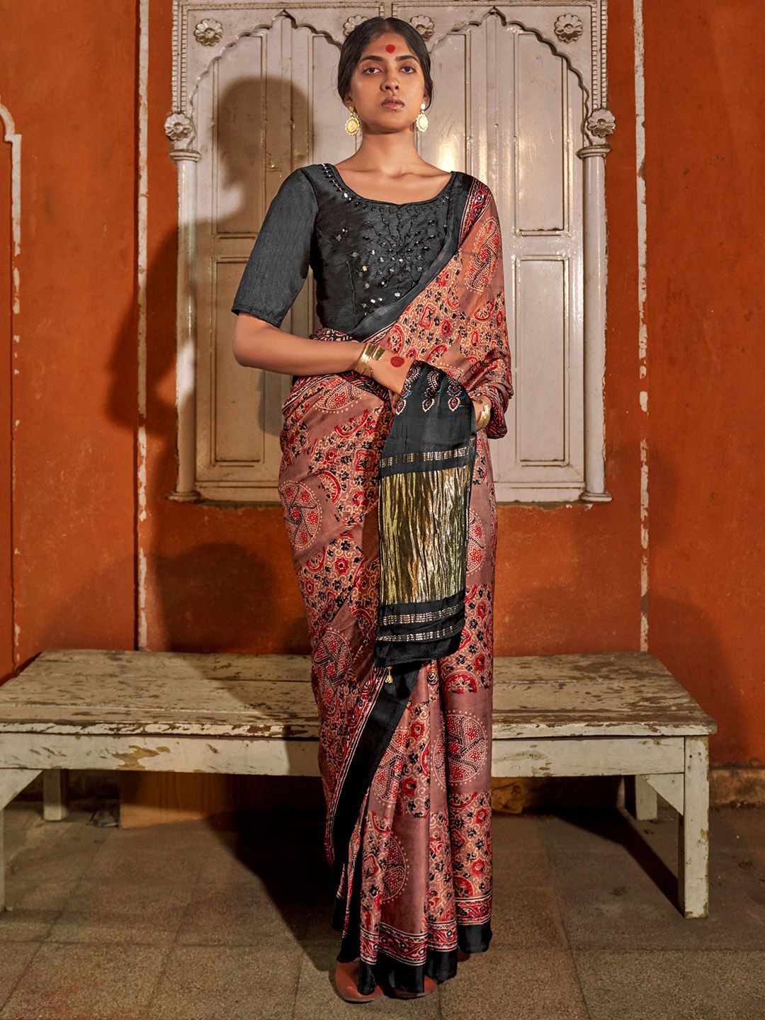 

Saree mall Ajrak Block Printed Sarees, Peach