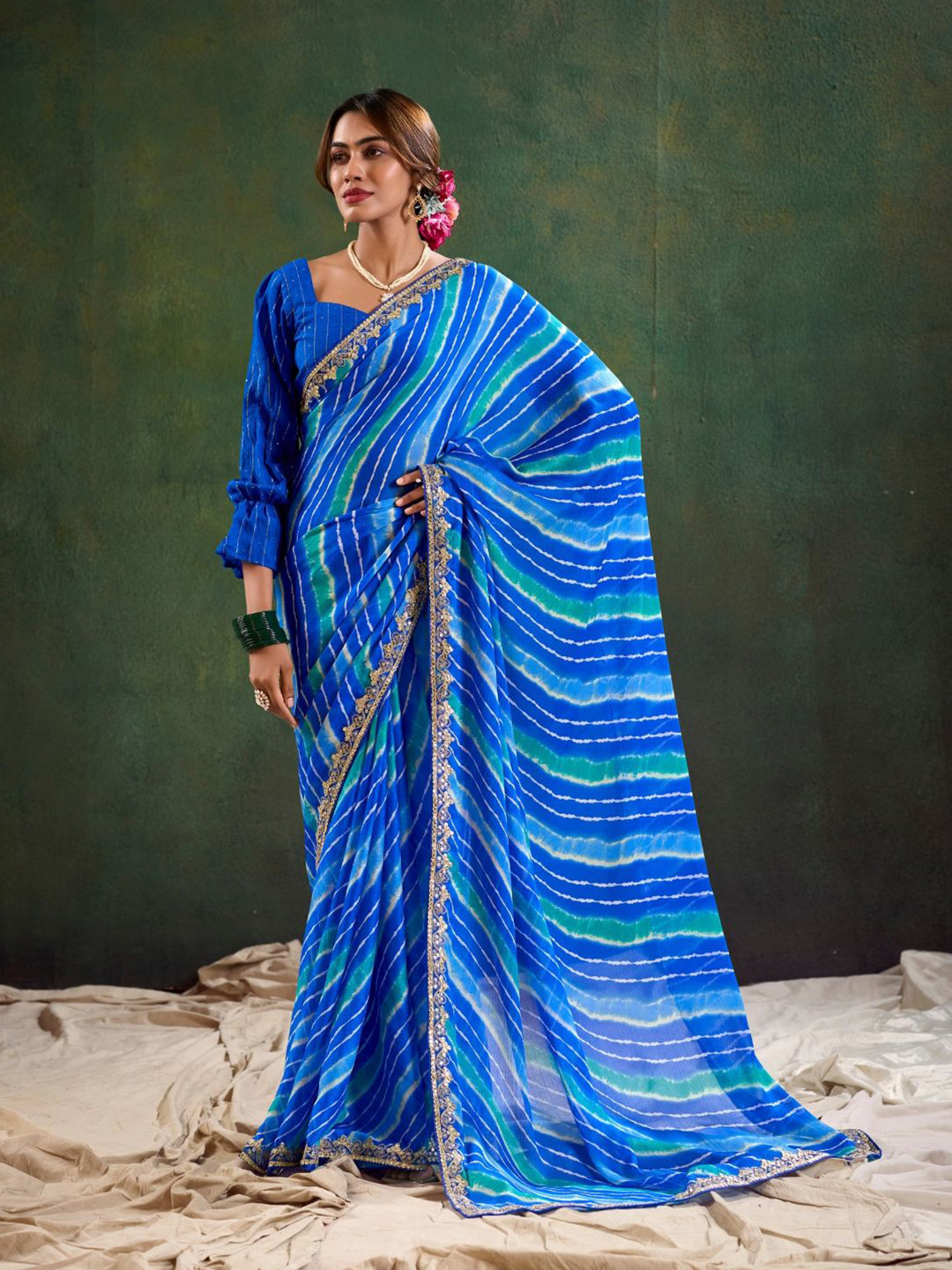 

CHUDIYA Leheriya Embroidered Pure Chiffon Leheriya Saree, Blue