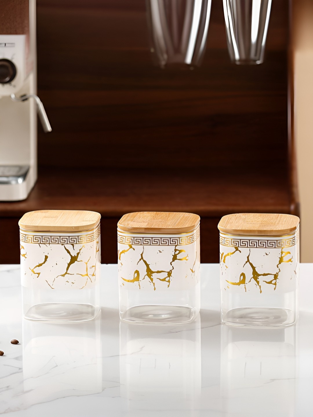 

UMAI White 3 Pieces Printed Ceramic Canister Container With Bamboo Lids-1L