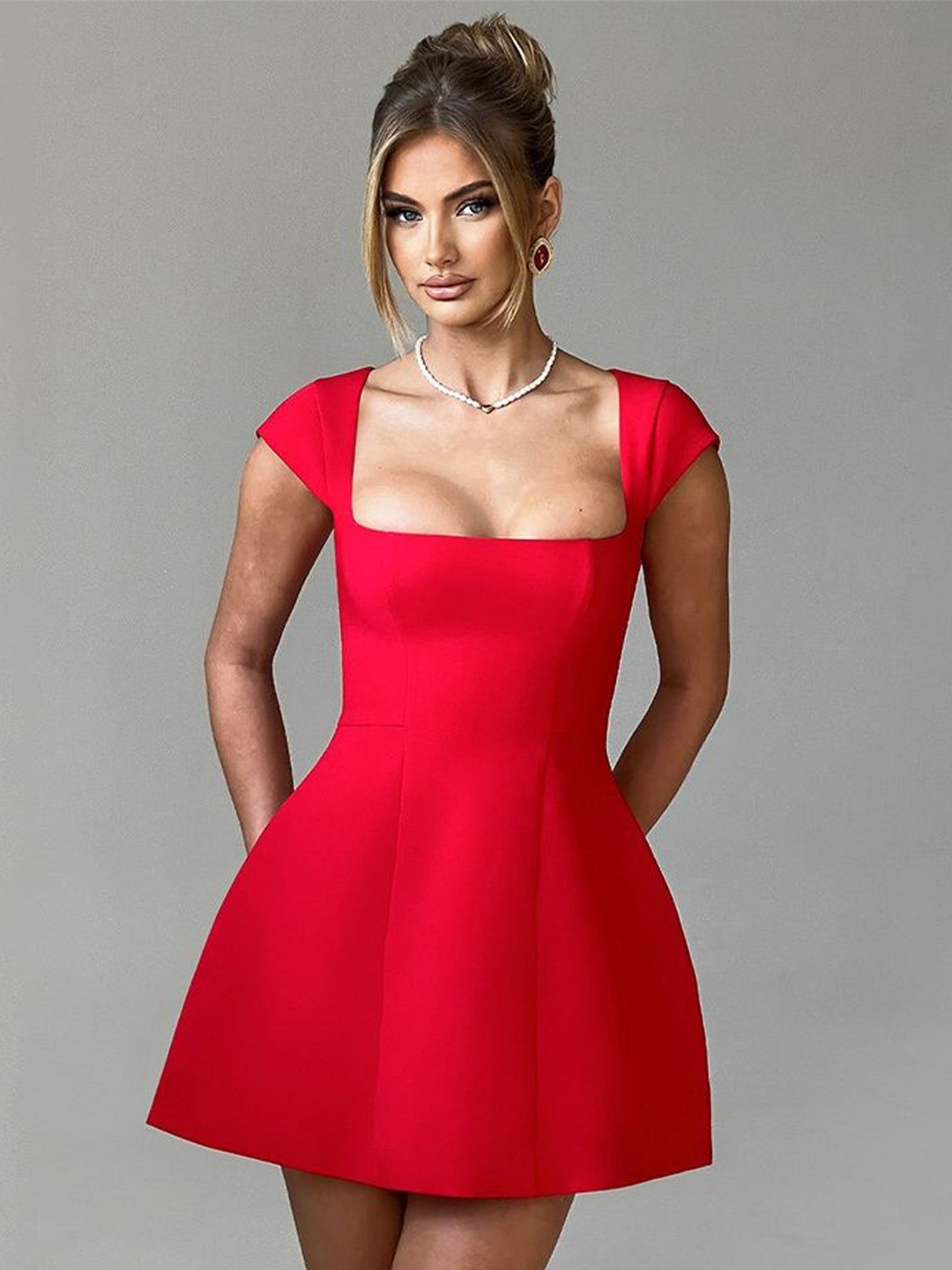 

LULU & SKY Women Cap Sleeve Fit & Flare Mini Dress, Red