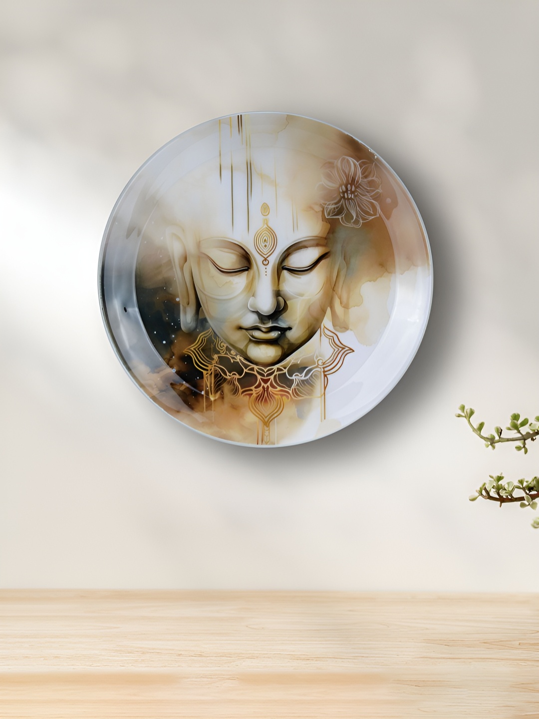 

Maison Modern White & Brown Buddha Face Printed Iron Round Wall Plate