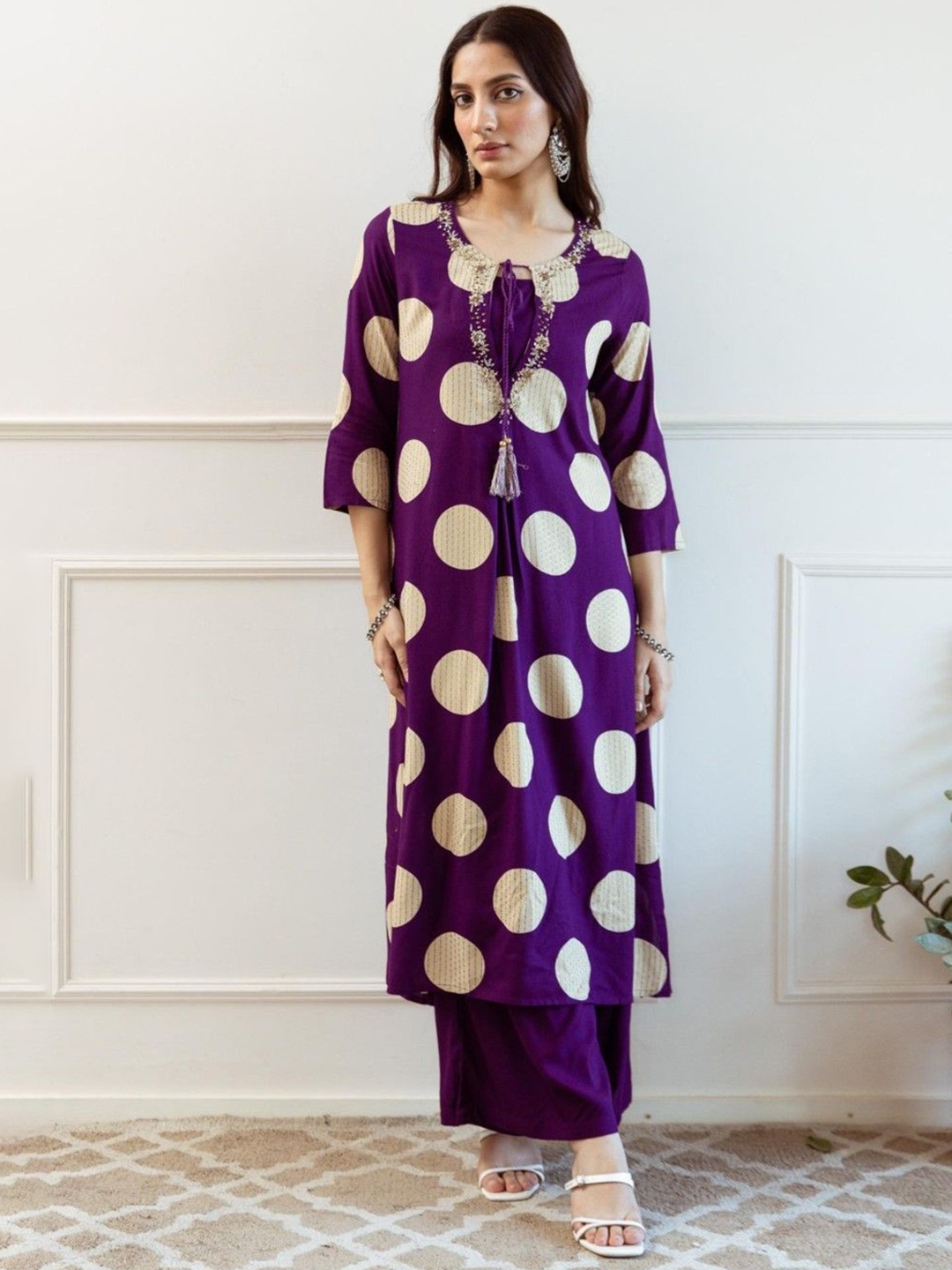 

AUTUMN LANE Geometric Printed Pure Cotton Straight Kurta With Palazzos, Purple