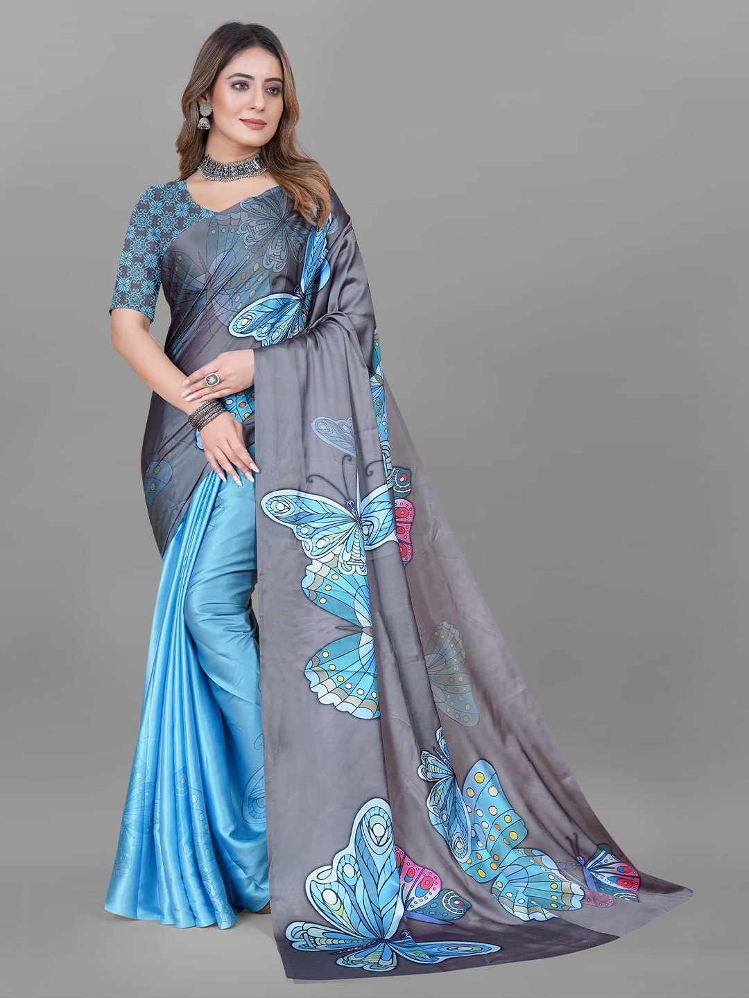 

V3 FASHION STUDIO Ethnic Motifs Satin Printed Saree, Blue