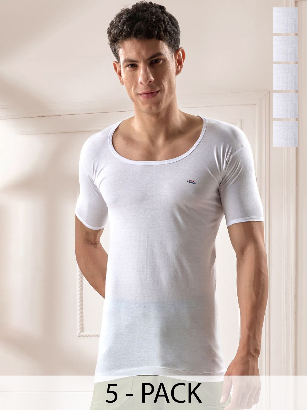 

LUX VENUS Pack of 5 Men Round Neck Cotton Vest, White