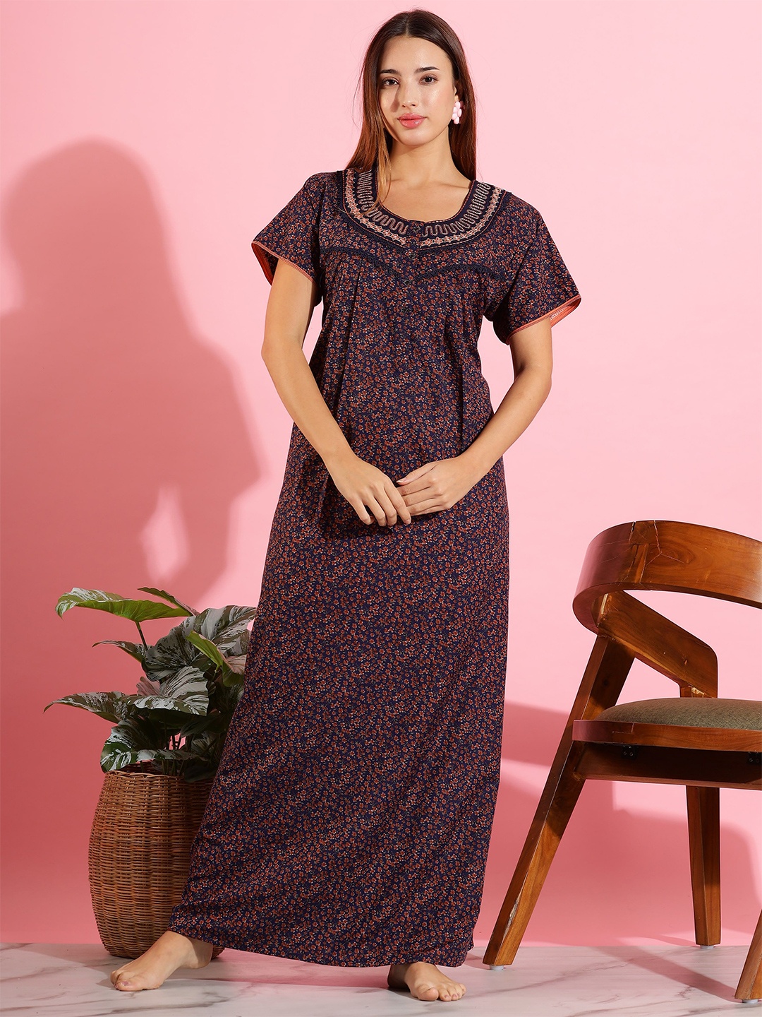 

9shines Label Women Embroidered Maxi Nightdress, Navy blue