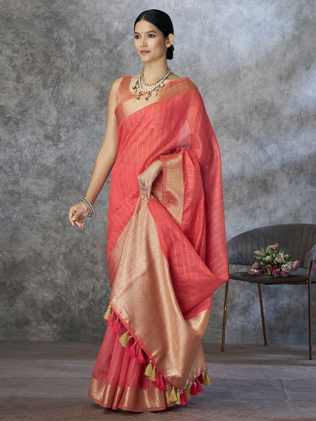 

Mitera Woven Design Zari Pure Cotton Chanderi Saree, Peach