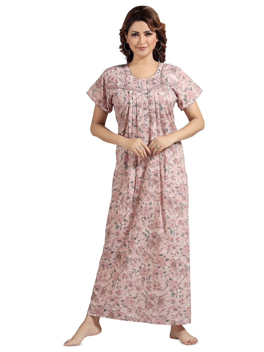 

NIGHT QUEEN Women Everyday Floral Printed Pure Cotton Regular Maxi Nightdress, Pink