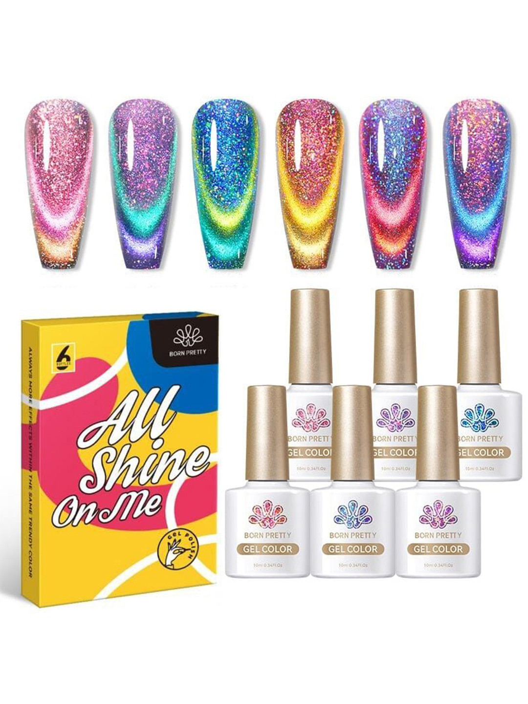 

BORN PRETTY Set Of 6 All Shine On Me Holorgraphic Cat Eye Gel Nail Polish - 10 ml Each, Pink
