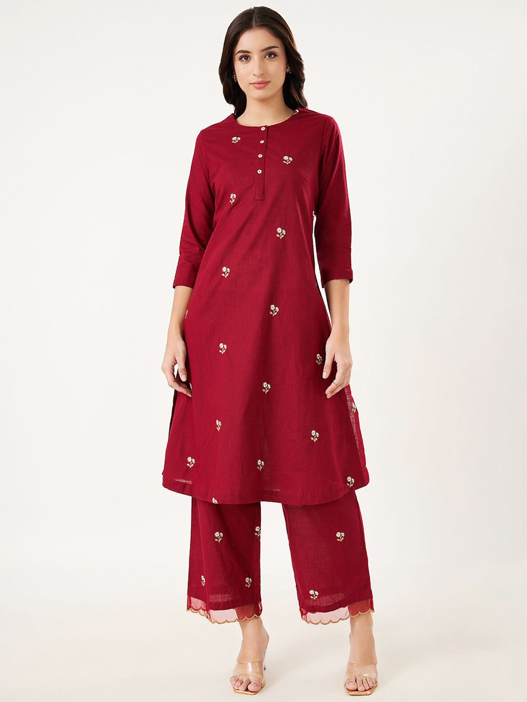 

RANGMANCH BY PANTALOONS Floral Embroidered Thread Work Pure Cotton Kurta With Trouser, Red