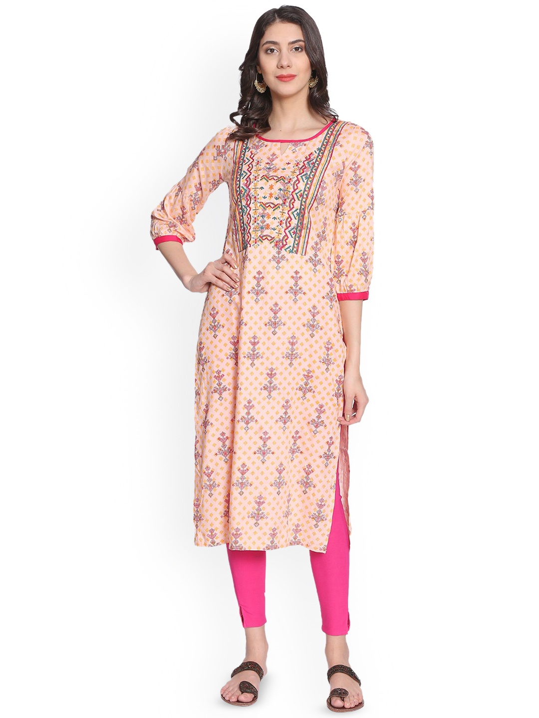 

Anouk Ethnic Motifs Printed Thread Work Liva Straight Kurta, Peach