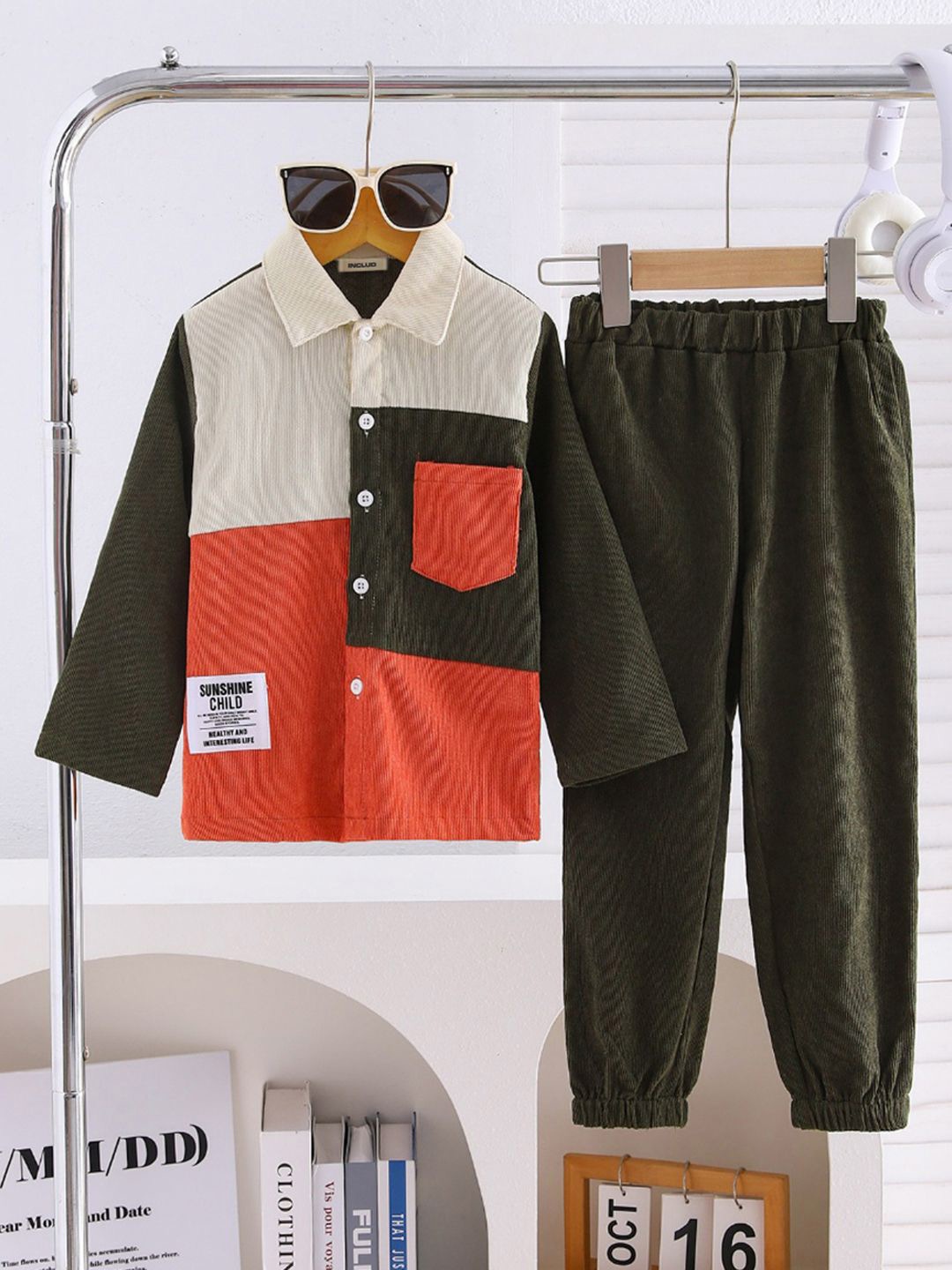 

INCLUD Boys Colourblocked Shirt with Trousers, Olive