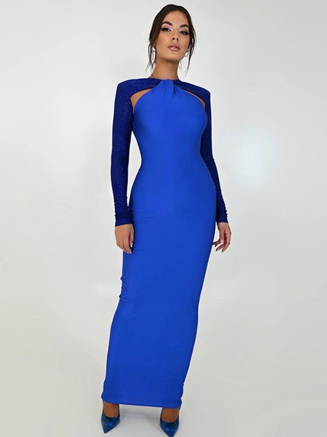 

LULU & SKY Women Embellished Sleeve Bodycon Maxi Dress, Blue