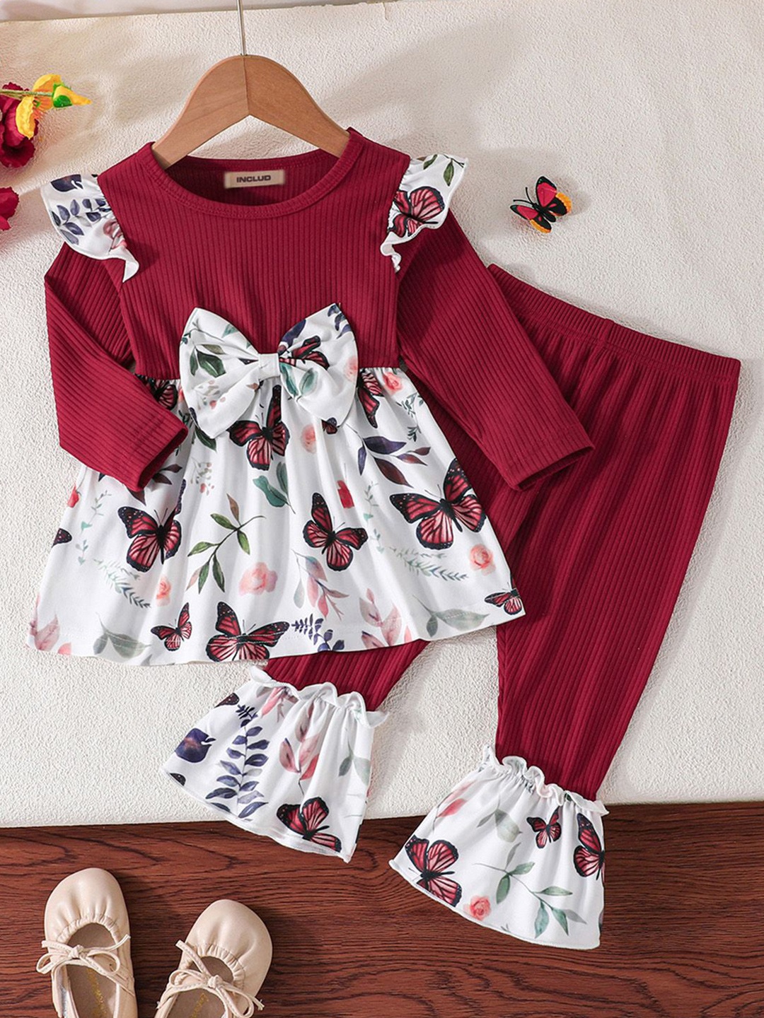 

INCLUD Girls Printed Round Neck Long Sleeves Top With Trouser, Maroon